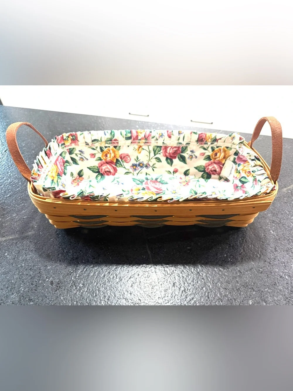 Longaberger Double Handle Rectangle Basket with Floral Liner 2000